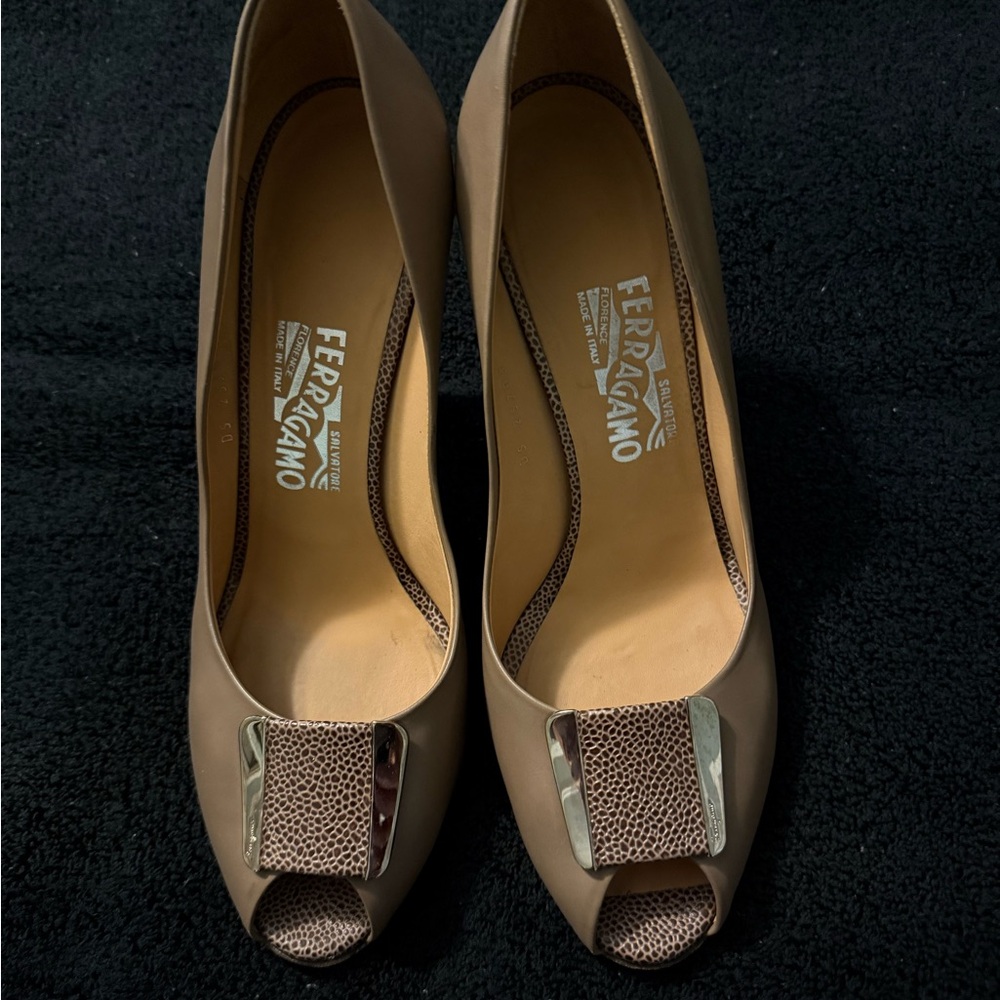 Salvatore Ferragamo Taupe Peep-Toe Heels